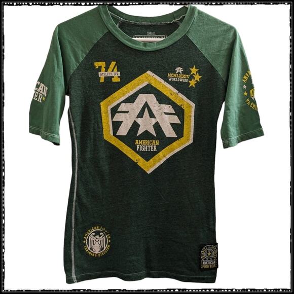 Vintage Women's AMERICAN FIGHTER by Affliction T-shirt Green Eagle Patches S - Picture 1 of 6